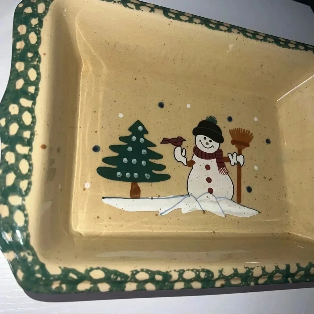Vintage Casserole‎ Dish Country Snowman Stoneware Spongeware Bakeware
